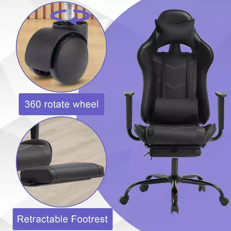 Chaise de jeu BestMassage, chaise de gamer avec support lombaire et repose-pieds, conception pivotante roulante, chaise de bureau pour la maison et le jeu