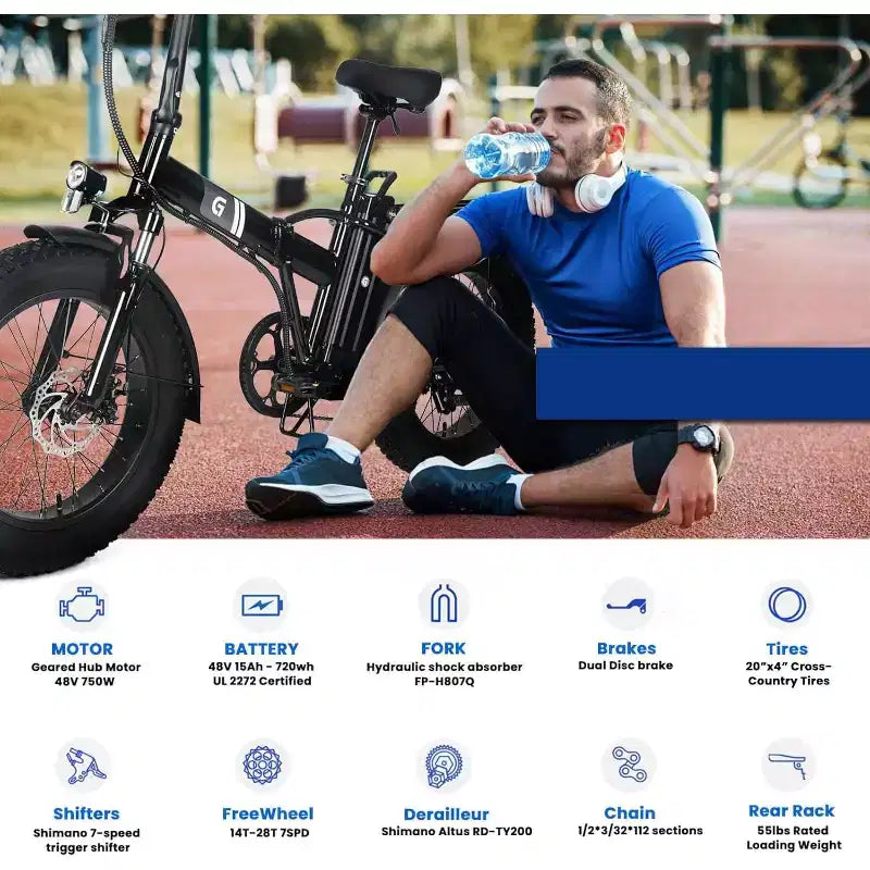 Vélo électrique pour adultes, E-Bike pliant avec pneus larges 20 x 4,0, batterie amovible 48 V et 7 vitesses, idéal pour les trajets quotidiens
