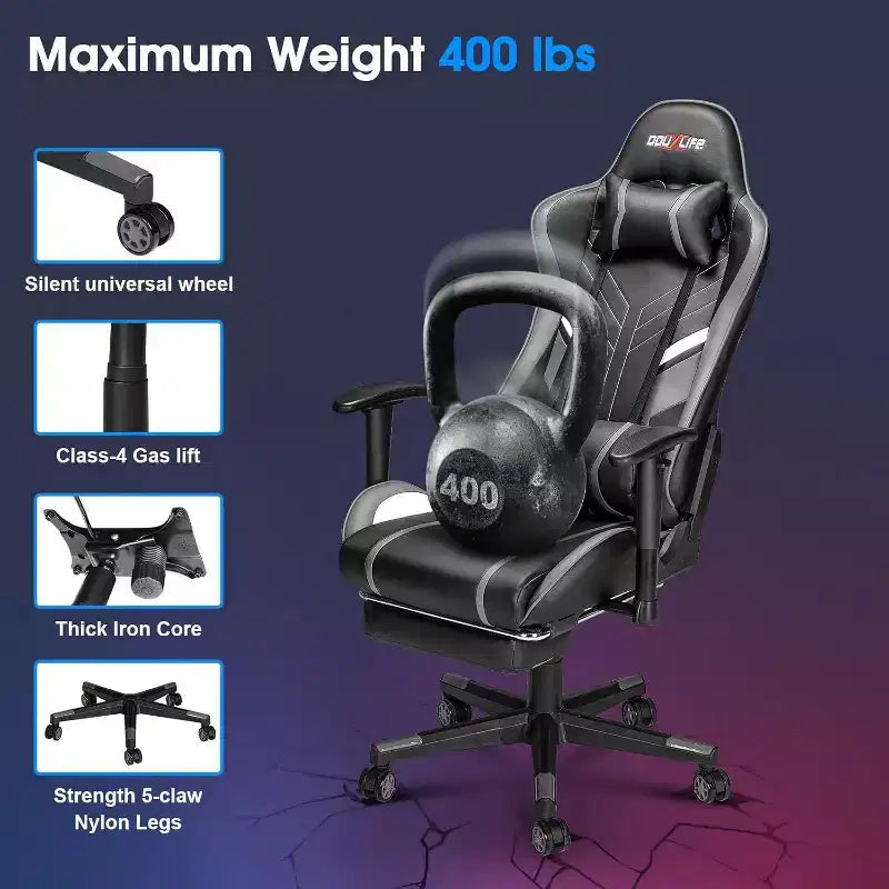 Douxlife Chaise de jeu ergonomique moderne avec massage en 7 points, repose-pieds et accoudoirs réglables, noir et gris