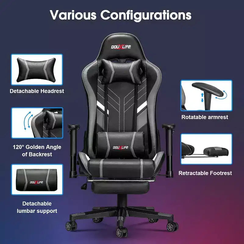 Douxlife Chaise de jeu ergonomique moderne avec massage en 7 points, repose-pieds et accoudoirs réglables, noir et gris