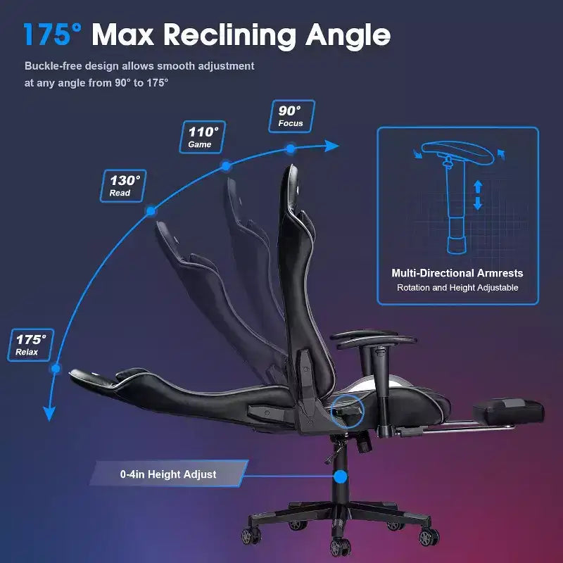 Douxlife Chaise de jeu ergonomique moderne avec massage en 7 points, repose-pieds et accoudoirs réglables, noir et gris