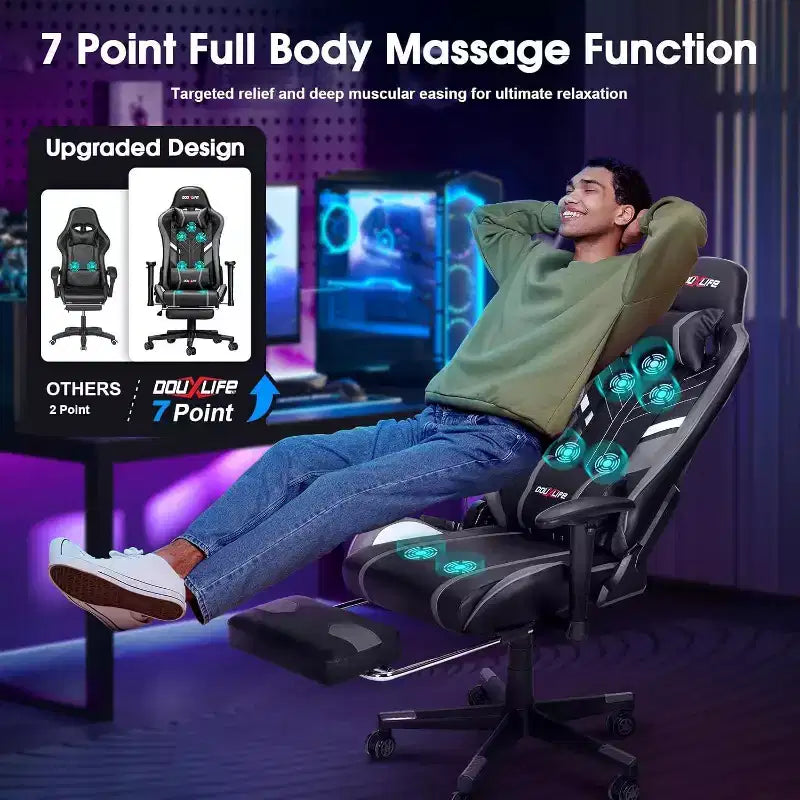 Douxlife Chaise de jeu ergonomique moderne avec massage en 7 points, repose-pieds et accoudoirs réglables, noir et gris