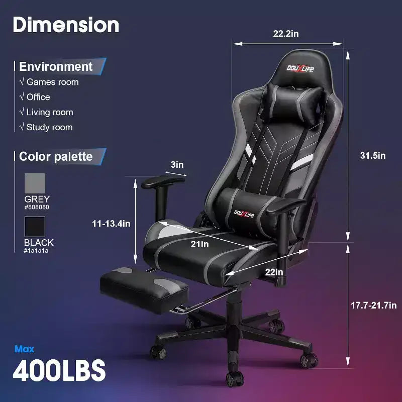 Douxlife Chaise de jeu ergonomique moderne avec massage en 7 points, repose-pieds et accoudoirs réglables, noir et gris