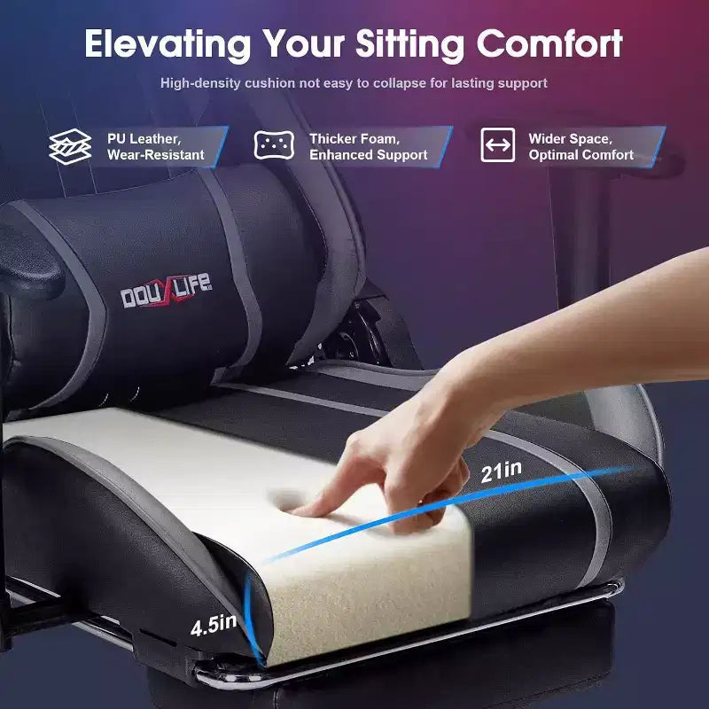 Douxlife Chaise de jeu ergonomique moderne avec massage en 7 points, repose-pieds et accoudoirs réglables, noir et gris