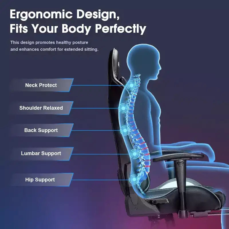 Douxlife Chaise de jeu ergonomique moderne avec massage en 7 points, repose-pieds et accoudoirs réglables, noir et gris