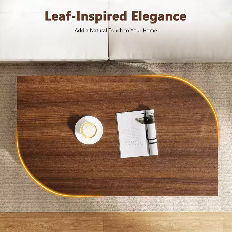 Skyzoo Wood Coffee Table with Storage & Fluted Sliding Doors for Living room, Unique Leaf-Shaped Design