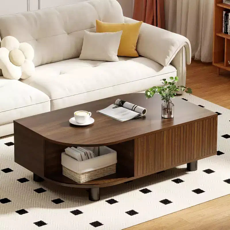 Skyzoo Wood Coffee Table with Storage & Fluted Sliding Doors for Living room, Unique Leaf-Shaped Design