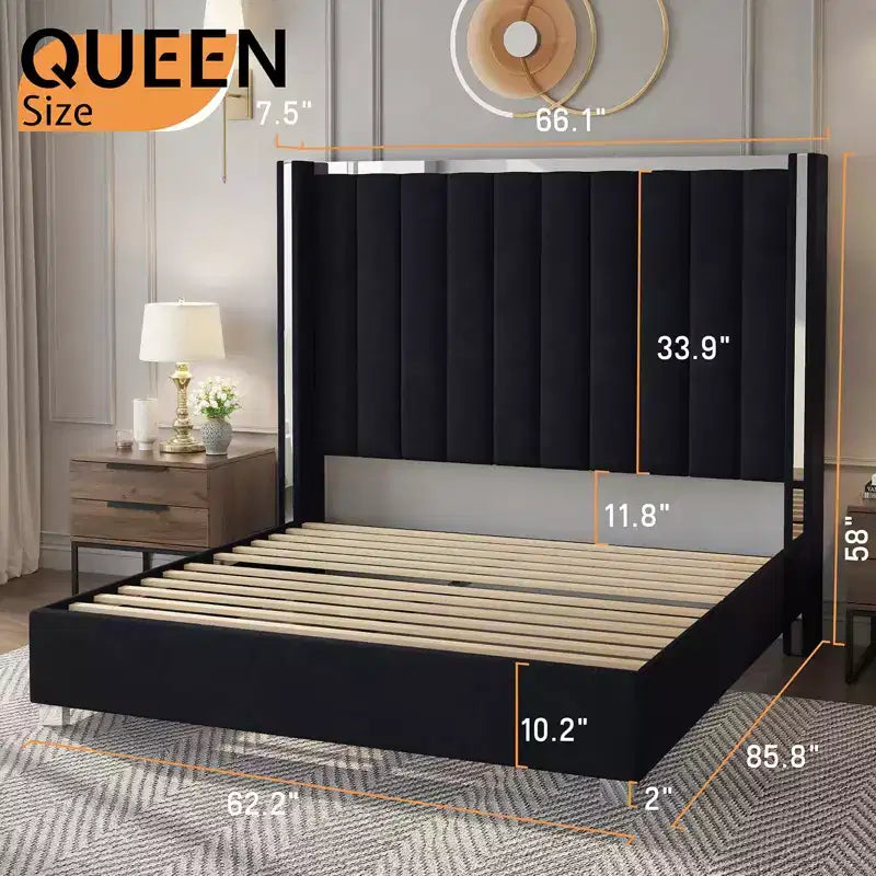 AMERLIFE Bed Frame with 58 tall Headboard, Velvet Upholstered Platform bed