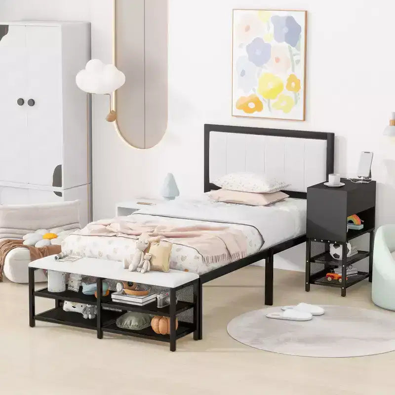 Okak Twin Bed Frames with Two-Tier Storage Shelves for Kids, Platform Twin Metal Bed Frame with Wooden Storage Cabinet for Bedroom, Black