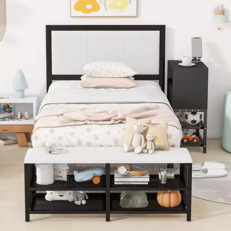 Okak Twin Bed Frames with Two-Tier Storage Shelves for Kids, Platform Twin Metal Bed Frame with Wooden Storage Cabinet for Bedroom, Black