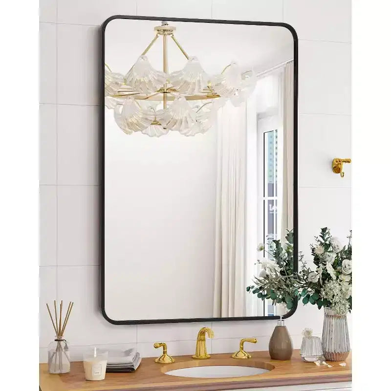 Matte Black Metal Framed Mirror, Stylish Rounded Corner Design, Versatile Vanity Mirror for Bathroom, Hung Horizontally or Vertically