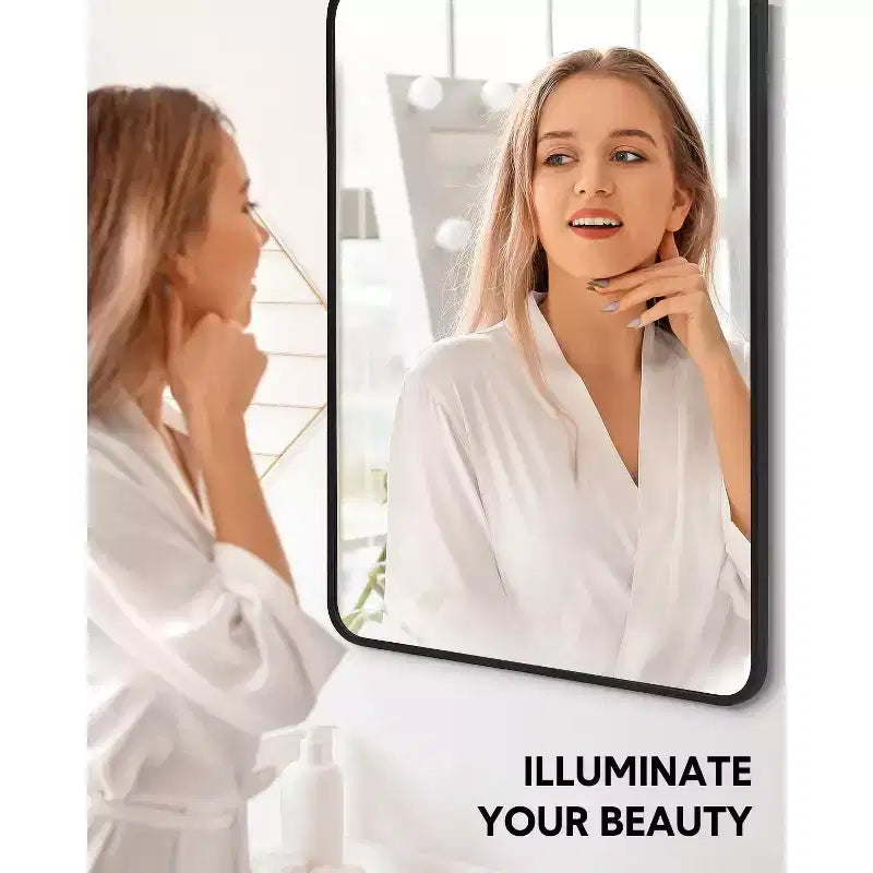 Matte Black Metal Framed Mirror, Stylish Rounded Corner Design, Versatile Vanity Mirror for Bathroom, Hung Horizontally or Vertically