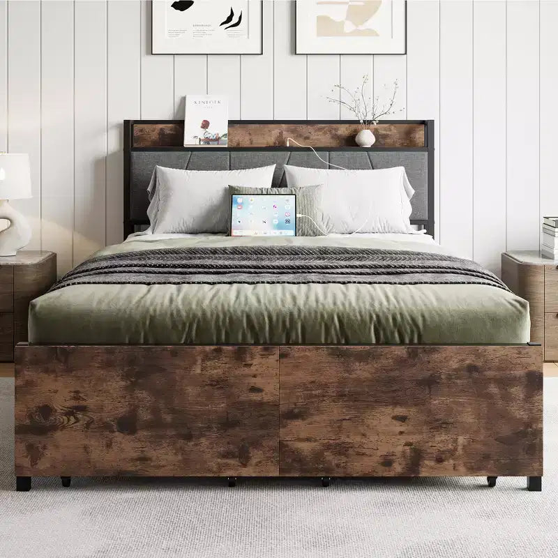 CLIHOME Vintage Brown Upholstered Bed Frame, Storage Headboard with Charging Station and 2 Storage Drawers