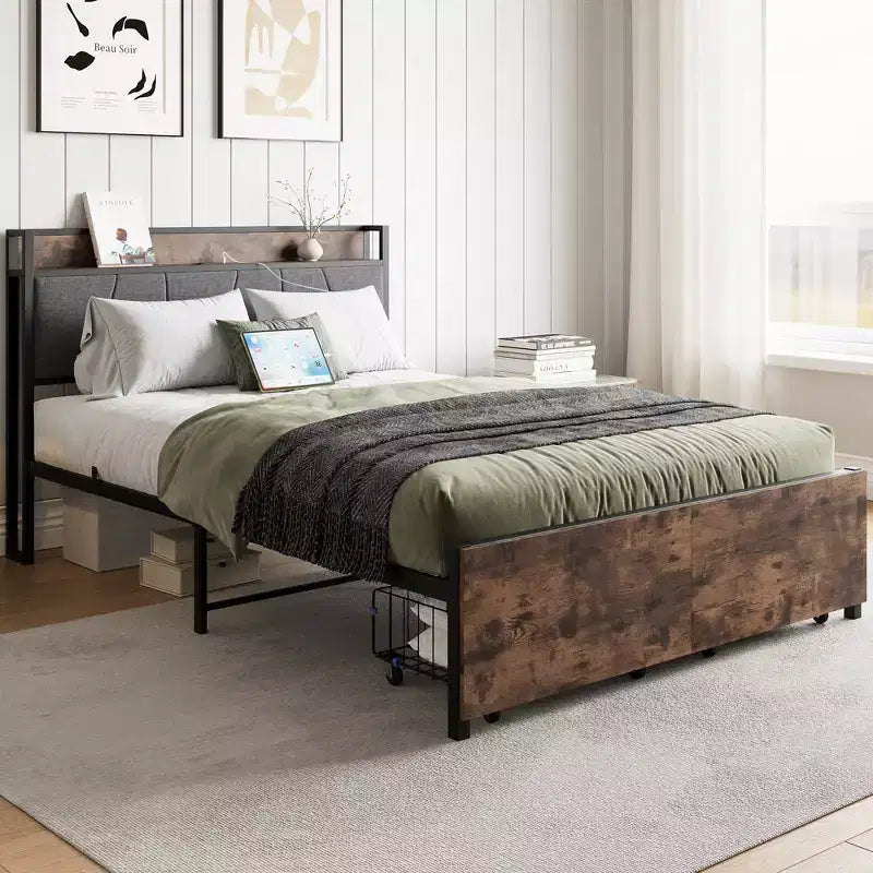 CLIHOME Vintage Brown Upholstered Bed Frame, Storage Headboard with Charging Station and 2 Storage Drawers