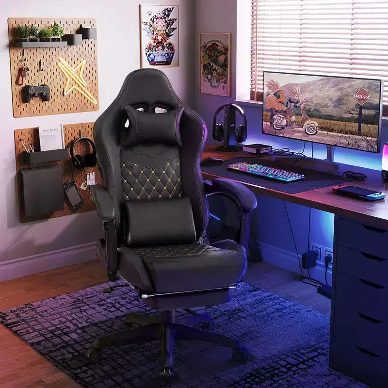Chaise de jeu Costway avec repose-pieds Fauteuil d'ordinateur de jeu vidéo ergonomique avec appui-tête