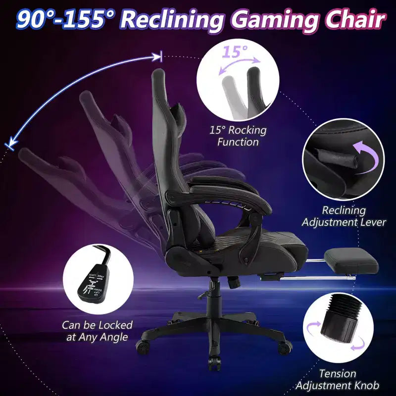Chaise de jeu Costway avec repose-pieds Fauteuil d'ordinateur de jeu vidéo ergonomique avec appui-tête