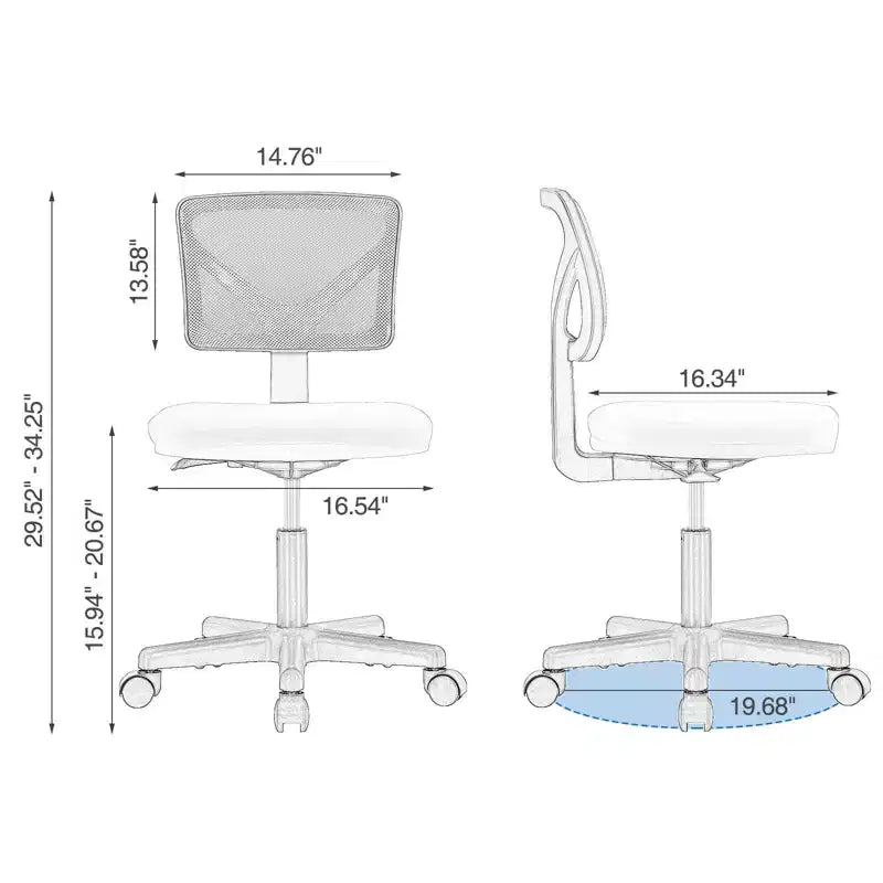 Chaise de bureau sans accoudoirs en maille, réglable en hauteur avec soutien lombaire, fauteuil pivotant à roulettes pour petits espaces