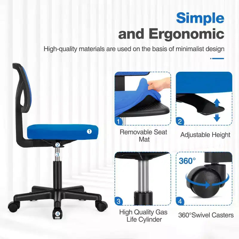 Chaise de bureau sans accoudoirs en maille, réglable en hauteur avec soutien lombaire, fauteuil pivotant à roulettes pour petits espaces