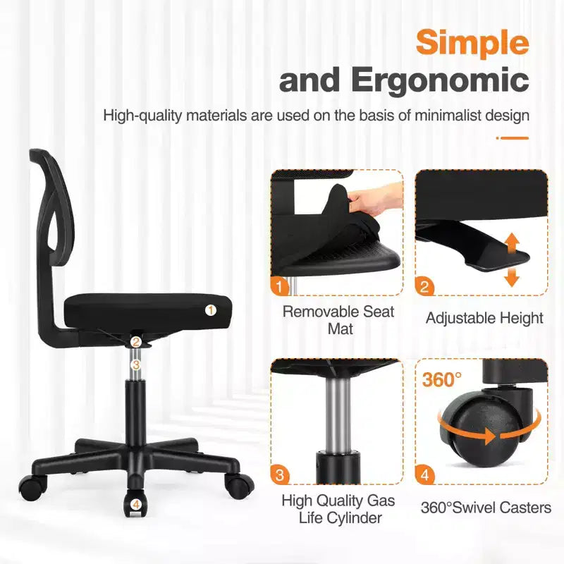 Chaise de bureau sans accoudoirs en maille, réglable en hauteur avec soutien lombaire, fauteuil pivotant à roulettes pour petits espaces