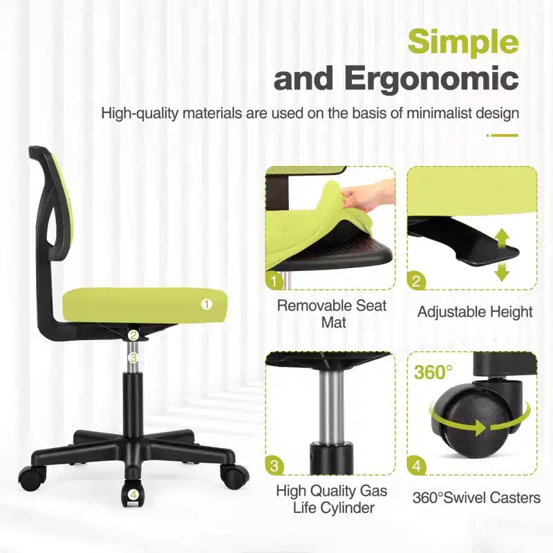 Chaise de bureau sans accoudoirs en maille, réglable en hauteur avec soutien lombaire, fauteuil pivotant à roulettes pour petits espaces