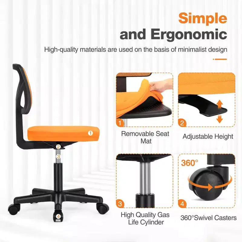 Chaise de bureau sans accoudoirs en maille, réglable en hauteur avec soutien lombaire, fauteuil pivotant à roulettes pour petits espaces