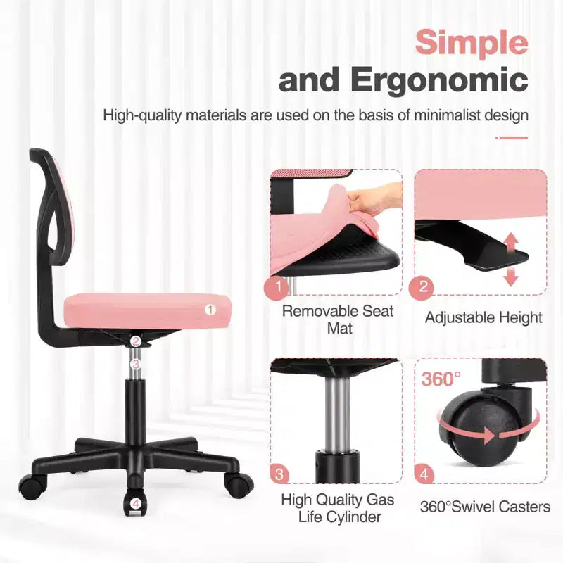 Chaise de bureau sans accoudoirs en maille, réglable en hauteur avec soutien lombaire, fauteuil pivotant à roulettes pour petits espaces