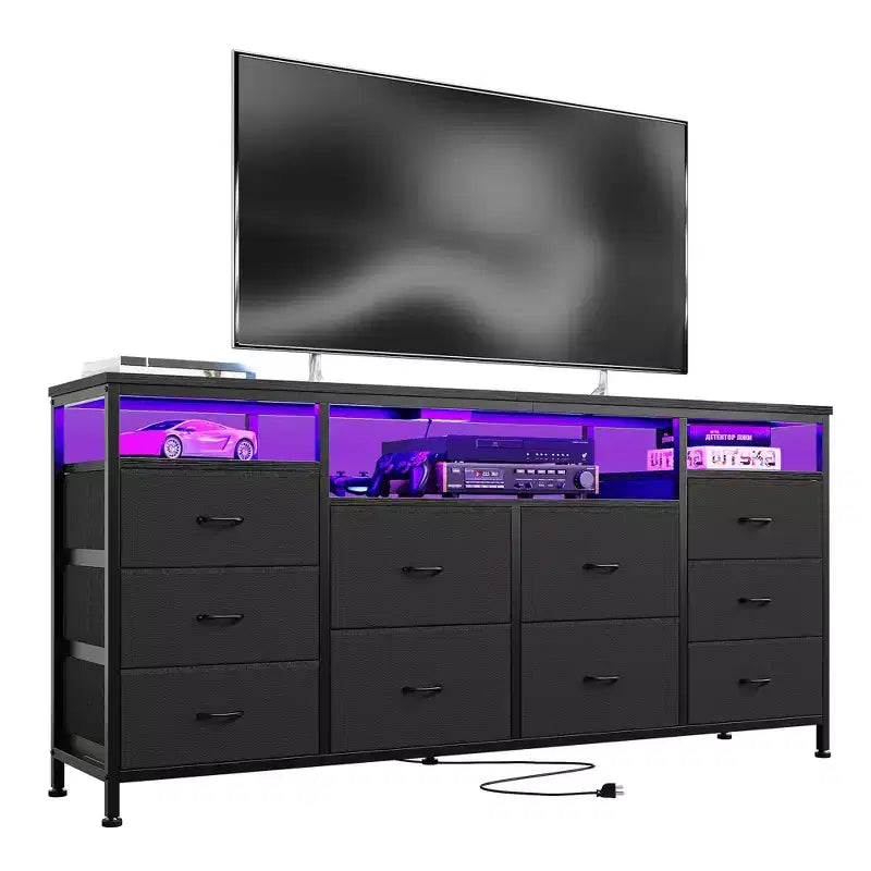 10 Drawer Dresser for 75In TVs, 63 W Long Wide Chest of Drawers, Multi-Functional Storage Organizer Dresser for Closet Hallway Living Room