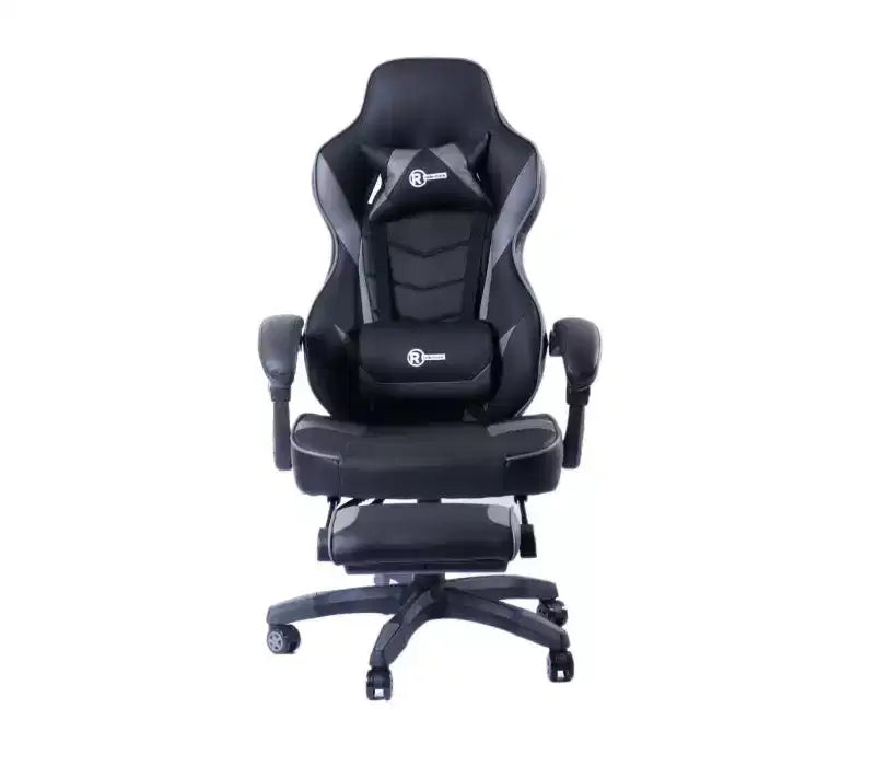 RadioShack Gaming Chair Black And Gray, Ergonomic Racing-Style Chair With Adjustable Height, Footrest, Lumbar Support, And Comfortable Padding