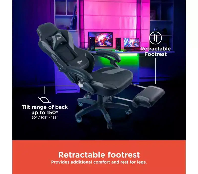 Chaise de jeu RadioShack noire et grise, chaise ergonomique de style course avec hauteur réglable, repose-pieds, soutien lombaire et rembourrage confortable