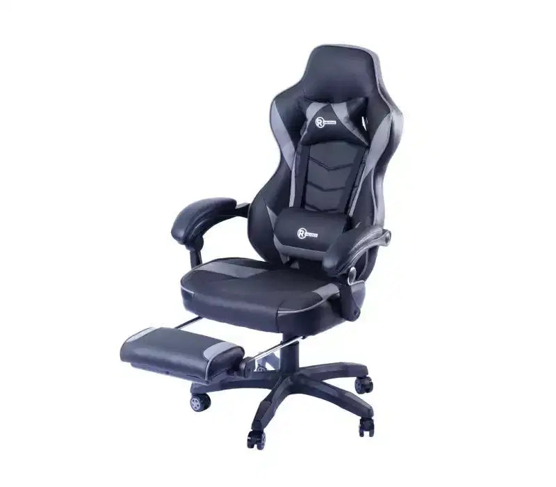 Chaise de jeu RadioShack noire et grise, chaise ergonomique de style course avec hauteur réglable, repose-pieds, soutien lombaire et rembourrage confortable