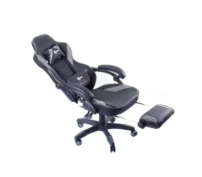 Chaise de jeu RadioShack noire et grise, chaise ergonomique de style course avec hauteur réglable, repose-pieds, soutien lombaire et rembourrage confortable
