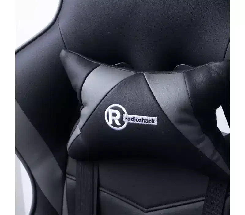 Chaise de jeu RadioShack noire et grise, chaise ergonomique de style course avec hauteur réglable, repose-pieds, soutien lombaire et rembourrage confortable