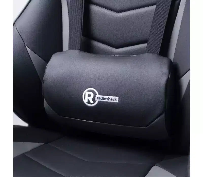 Chaise de jeu RadioShack noire et grise, chaise ergonomique de style course avec hauteur réglable, repose-pieds, soutien lombaire et rembourrage confortable