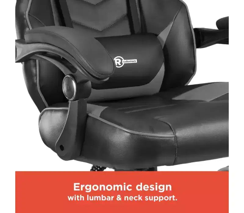 Chaise de jeu RadioShack noire et grise, chaise ergonomique de style course avec hauteur réglable, repose-pieds, soutien lombaire et rembourrage confortable