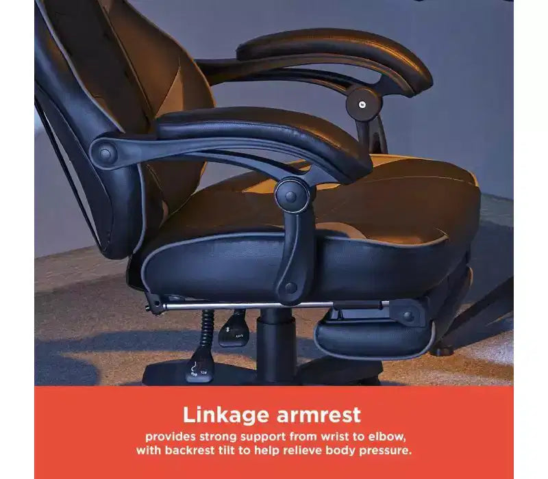 Chaise de jeu RadioShack noire et grise, chaise ergonomique de style course avec hauteur réglable, repose-pieds, soutien lombaire et rembourrage confortable