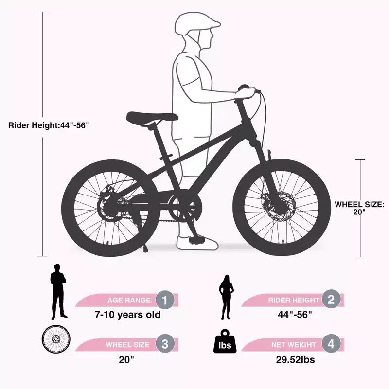 VTT NAYSAYE 20 pouces avec selle réglable et double frein à disque pour les aventures en plein air, rose, 54.33*22.44*32.48