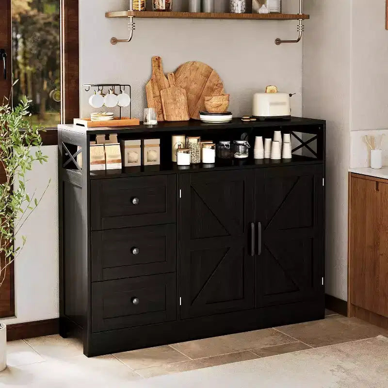 47 Farmhouse Sideboard Buffet Cabinet, Coffee Bar Kitchen Buffet Cabinet with 3 Drawers and Barn Doors, Adjustable Shelves for Home