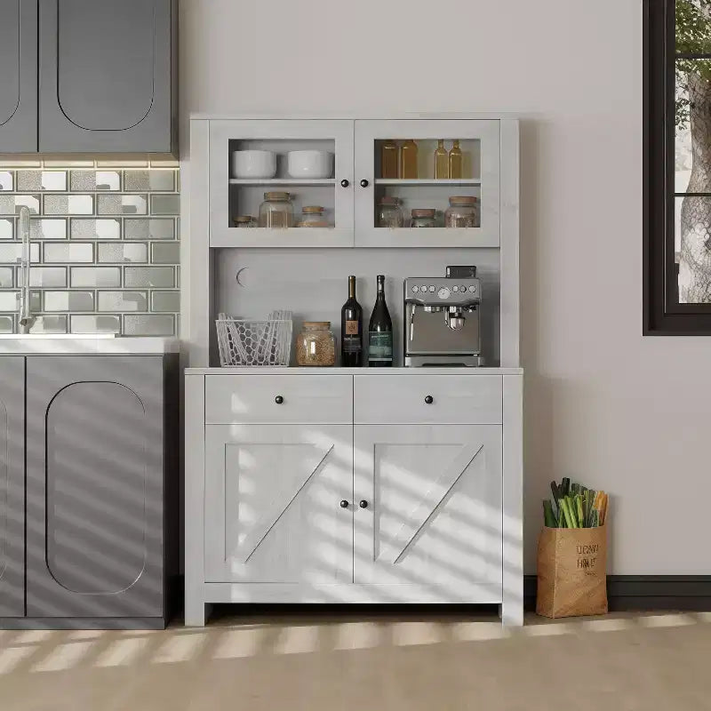 GustoWave Kitchen Pantry Storage Cabinet with Microwave Stand & Coffee Bar Cabinet, Freestanding Hutch Cabinet, Adjustable Shelves, Wash Grey