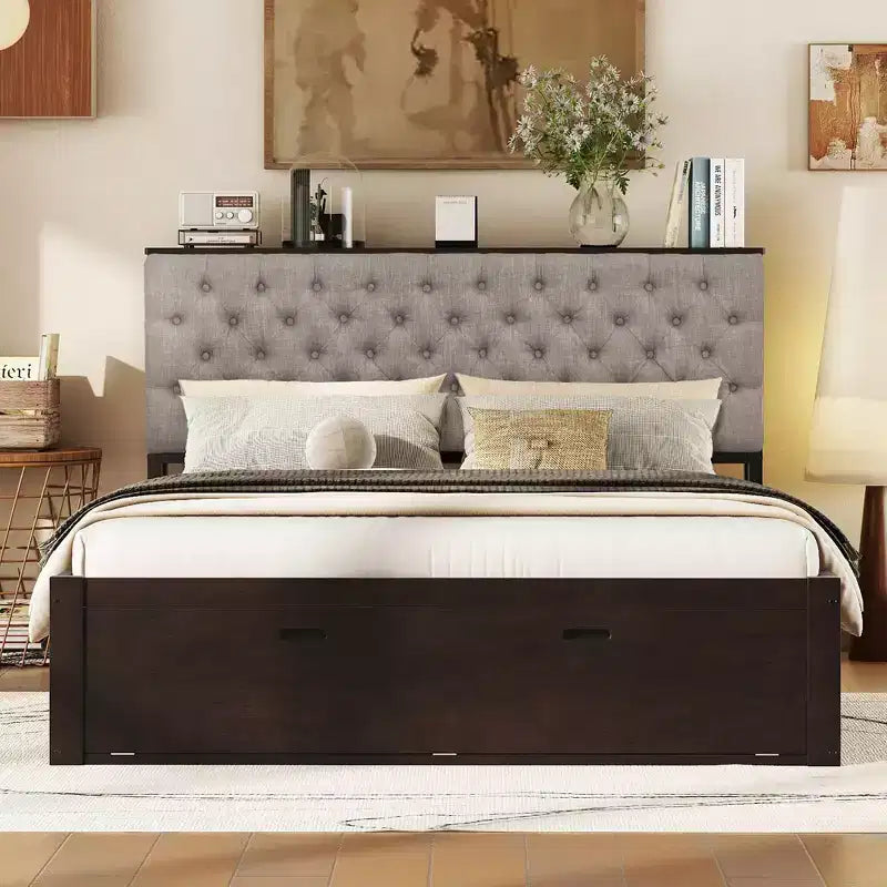Queen Size Bed with Storage Upholstery Headboard and 4 Drawers, Wood Platform Bed Frame with Shoe Rack for Kids Teens Adults