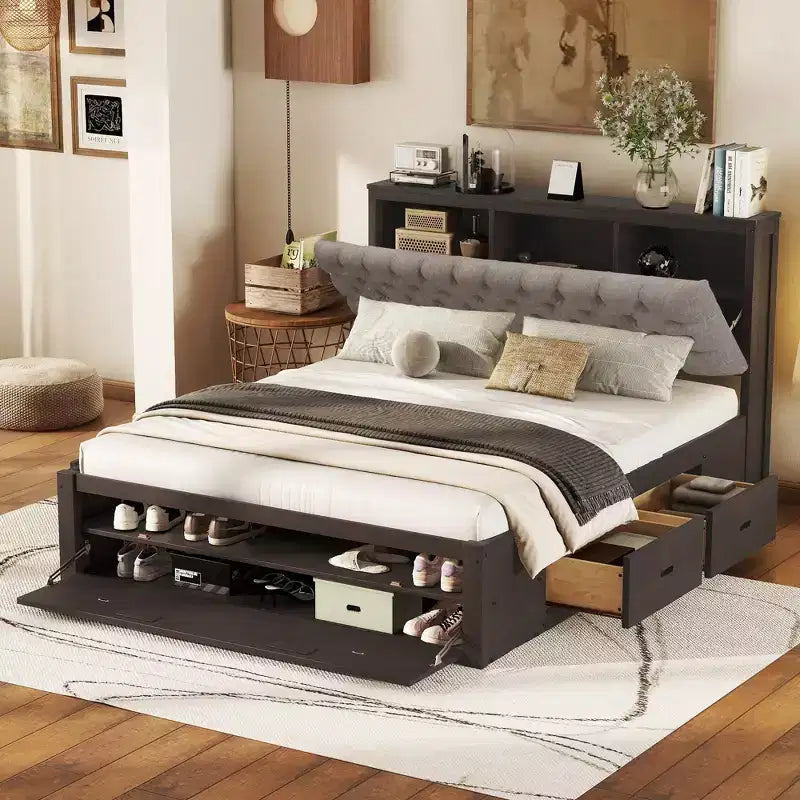 Queen Size Bed with Storage Upholstery Headboard and 4 Drawers, Wood Platform Bed Frame with Shoe Rack for Kids Teens Adults