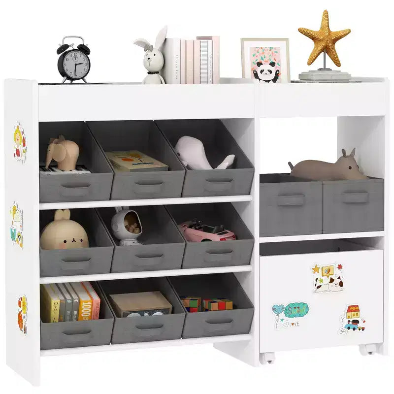 Qaba Toy Storage Organizer with 6 Shelves and 11 Fabric Bins, Moveable Cabinet and 3 Stickers, Toy Organizer for Nursery, Playroom, Bedroom, White