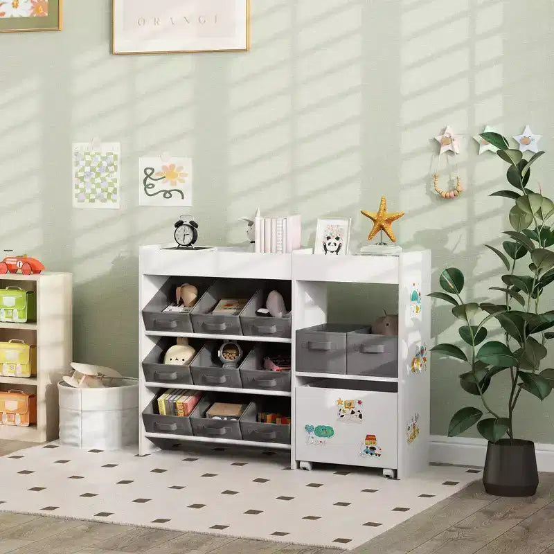 Qaba Toy Storage Organizer with 6 Shelves and 11 Fabric Bins, Moveable Cabinet and 3 Stickers, Toy Organizer for Nursery, Playroom, Bedroom, White