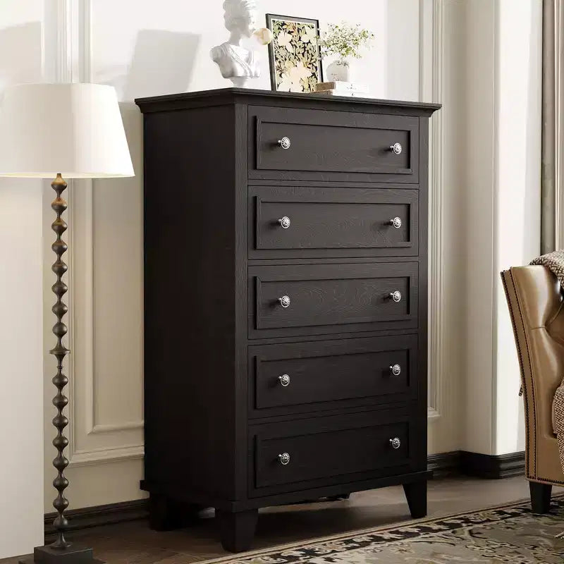 Black Dresser for Bedroom, 48 Tall Dresser with 5 Drawers, Chest of Drawers with Storage, Vintage Wood Dressers for Closet, Living Room, Hallway