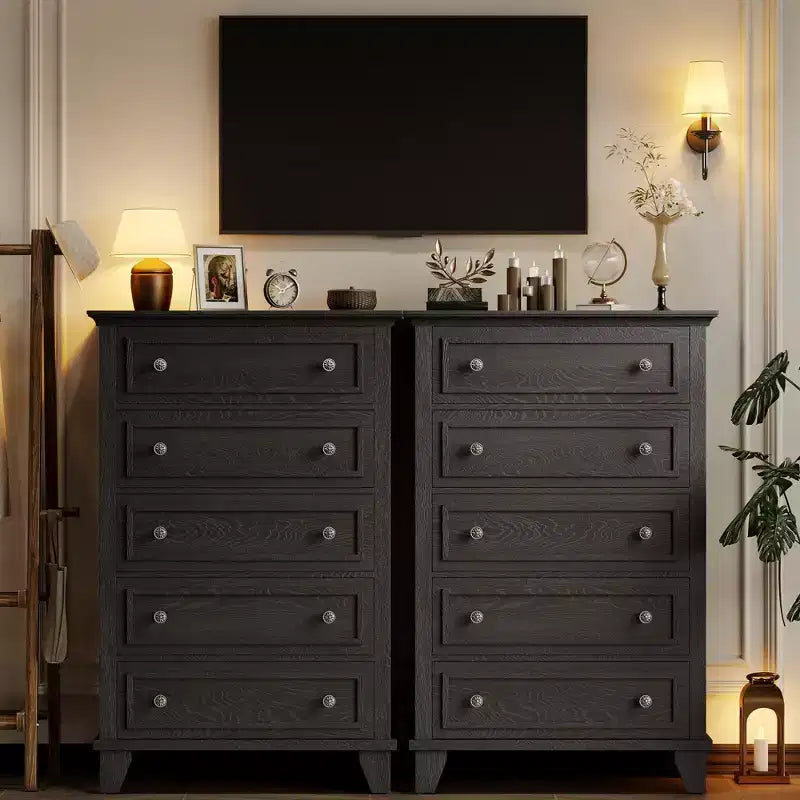 Black Dresser for Bedroom, 48 Tall Dresser with 5 Drawers, Chest of Drawers with Storage, Vintage Wood Dressers for Closet, Living Room, Hallway