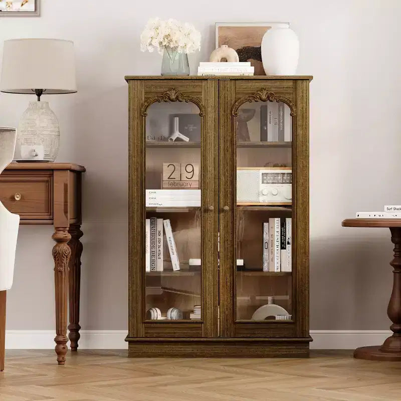 Famapy Vintage Pine Storage Cabinet Display Cabinet: Glass Doors, Intricate Carvings  Organize with Elegance