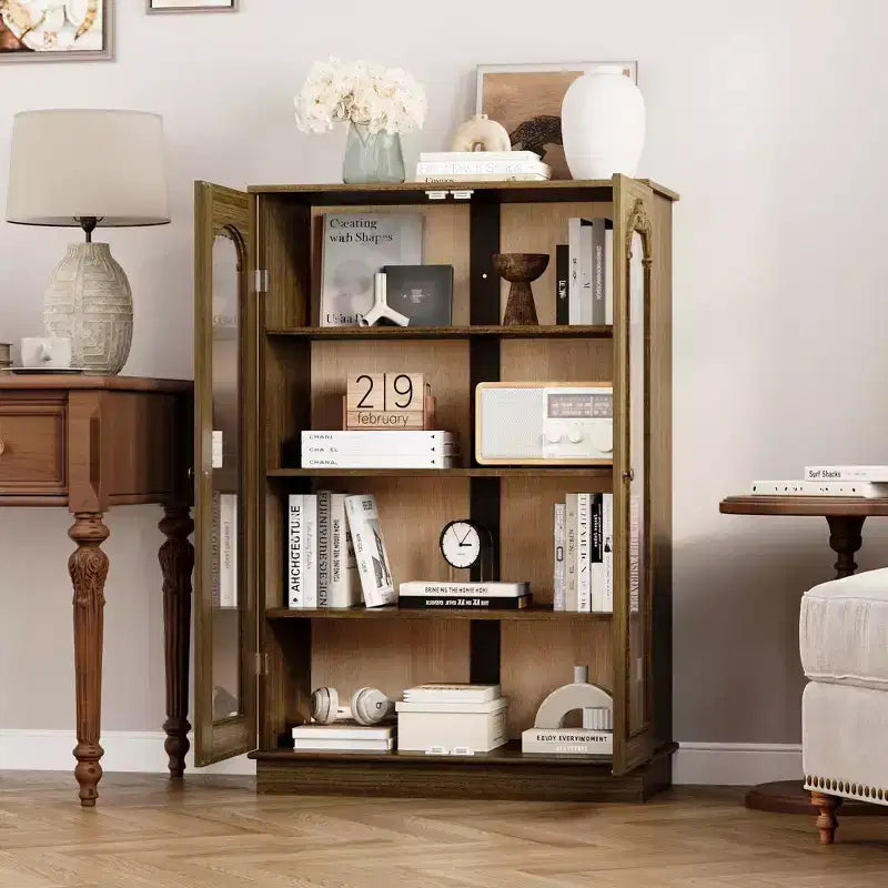 Famapy Vintage Pine Storage Cabinet Display Cabinet: Glass Doors, Intricate Carvings  Organize with Elegance
