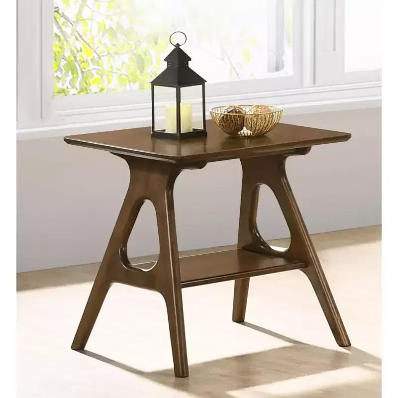 Okak Mid-Century End Table with Rubberwood Legs, Side Table with Bottom Shelf, Narrow Side Table for Small Space, Living Room, Brown