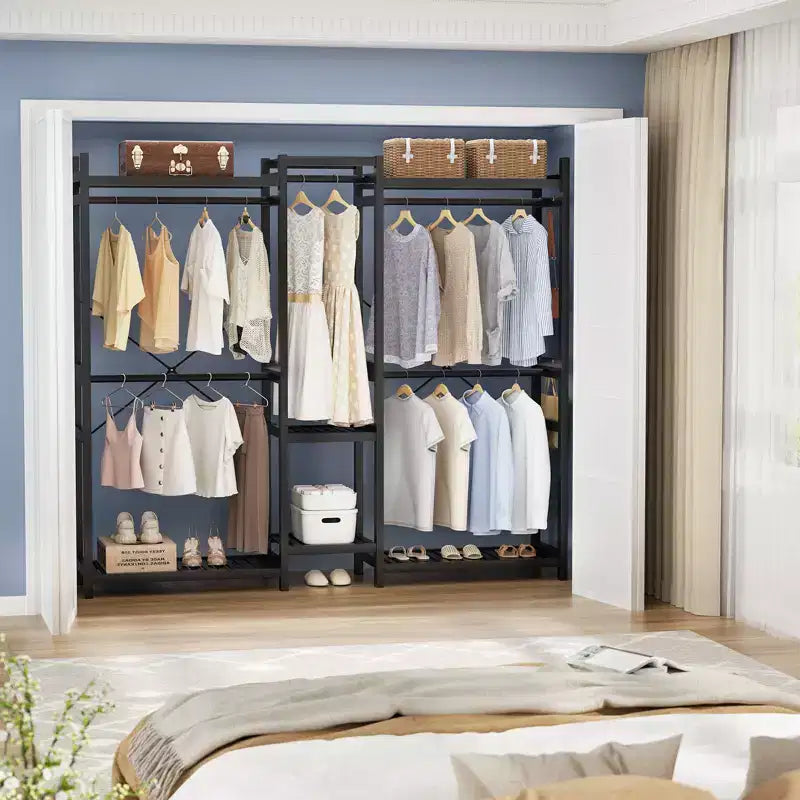 Besiost 70-In Bamboo Garment Rack with 5 Hanging Rods, Freestanding Closet System with Shelves - Black