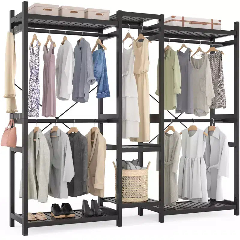 Besiost 70-In Bamboo Garment Rack with 5 Hanging Rods, Freestanding Closet System with Shelves - Black