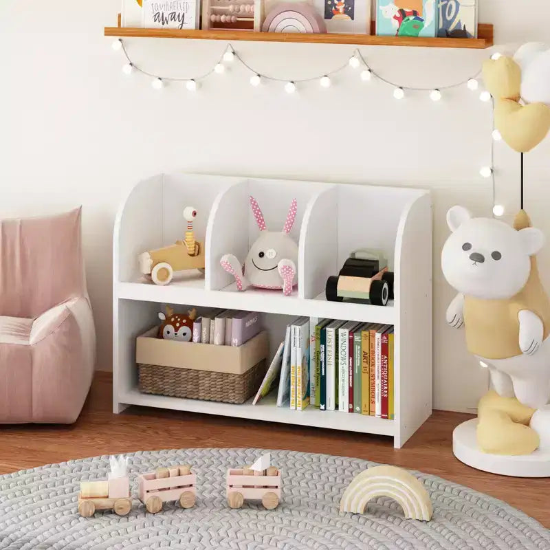 Whisen Kids Bookcase with 4 Compartments, Storage Book Shelf, Storage Display, Rack, Toy Organizer - White
